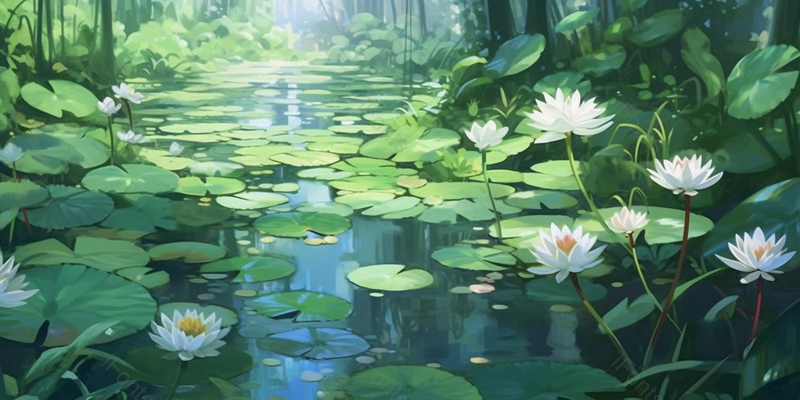 森林中的池塘的荷花盛开清新淡雅荷花插画设计素材壁纸,插画/手绘图,插画/手绘图库,插画/手绘图下载,插画/手绘